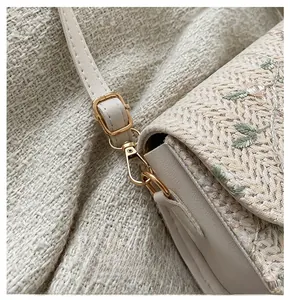 Close-up of golden hardware and floral embroidery on a beige woven straw bag