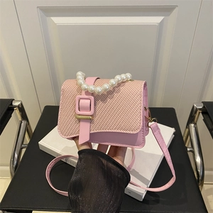 Women Woven Crossbody Bag With Artificial Pearl Handle PU Leather Small Square Handbag Retro Elegant Trendy Shoulder Bag