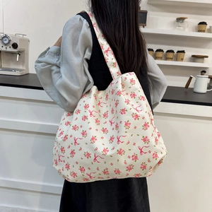 Borsa tote in tela floreale con fiocco, borsa a tracolla capiente da donna