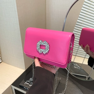 Women Crossbody Bag PU Leather Large Rhinestone Buckle Silver Chain Strap Fashion Small Square Shoulder Bag Evening Handbag