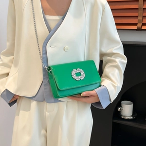Green square crossbody bag with rhinestone buckle and silver chain strap for women