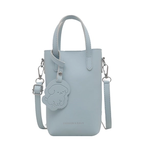 Borsa a mano quadrata in pelle PU azzurro con tracolla rimovibile e ciondolo cane