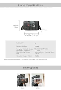 Detail specifications and dimensions for the newspaper print PU leather crossbody bag