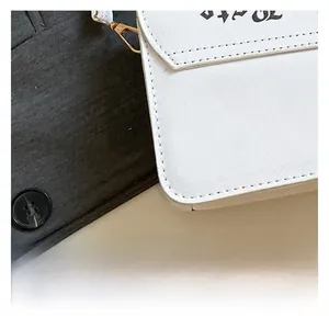 Macro shot of white Saffiano leather texture with gothic print and gold metal buckle detail