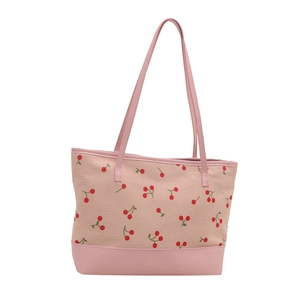 Grand sac cabas en velours côtelé avec imprimé cerise et bandoulières roses