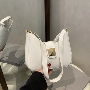 Women PU Leather Underarm Bag Crescent Shoulder Crossbody Handbag With Gold Square Metal Stud Retro Casual Solid Color