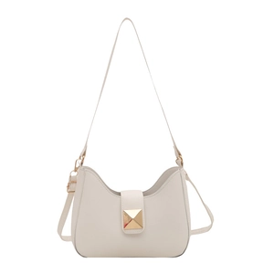 Minimalist creamy white square shoulder bag with golden pyramid buckle shown from the front