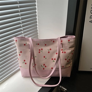Damen Mode Kirschdruck Cord Tote Bag Große Kapazität Schultertasche Arbeit Pendeln Handtasche Mit Kunstleder Spleißen