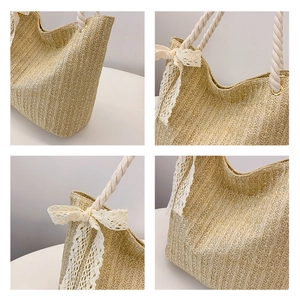 Detail shots of a beige straw tote with delicate white lace bows and thick rope handles