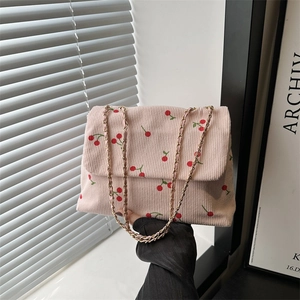 Sac Bandoulière En Velours Côtelé À Imprimé Cerise Avec Chaîne Dorée Pour Femmes Décontracté Mode