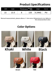 Detailed size chart and multi-color options for minimalist star crossbody bag