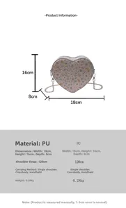 Detail view of heart-shaped sequin bag with 18x16x8cm dimensions and chain strap