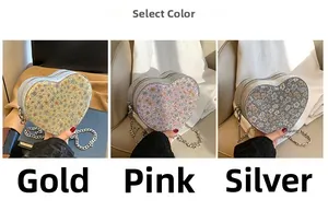 Detailed comparison of heart-shaped sequin bags in gold, pink, and silver finishes
