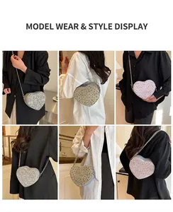 Three views of heart-shaped floral crossbody bags with silver chain straps on a model