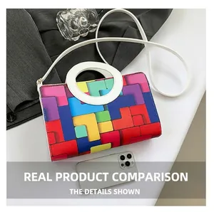 Detail showing checkered crossbody bag size compared with a smartphone in flat lay