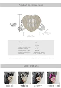 Detailed size chart and color options for heart-shaped PU crossbody bag with embroidery