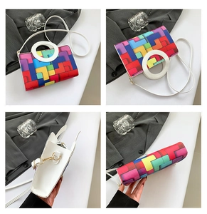 Detailed four-way views of a white crossbody bag with colorful tetris geometric pattern