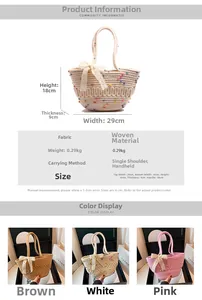 Detail view of woven beach tote bag featuring lace bow and colorful pom-poms accents