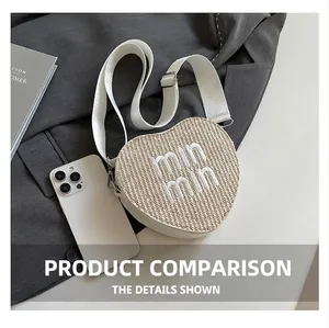 Detailed size comparison of a heart-shaped woven crossbody bag and a smartphone