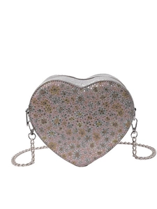 Sparkly heart shaped sequin floral crossbody bag with silver chain strap and pink finish