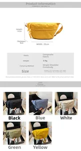 Detailed size chart and multi-color crossbody waist bag options in composite fabric
