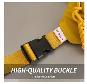 Detail show of durable black plastic buckle and yellow nylon strap on crossbody bag