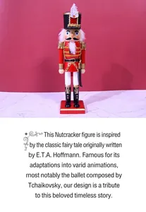 Detail of red wooden nutcracker soldier figurine with black feather hat on red base