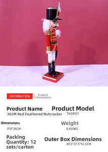 Detail view of 36cm red wooden Nutcracker King with feather hat and scimitar dimensions