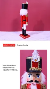 Detail view of 36cm red nutcracker king with feather hat and hand-painted wooden texture
