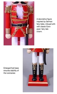 Close-up of a 36cm red Nutcracker soldier with gold fringe epaulettes and stable wooden base