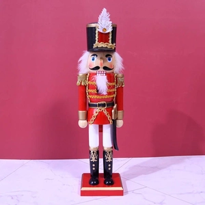 Wooden Nutcracker Soldier King White Feather Black Hat Red Uniform Holding Scimitar Christmas Festive Home Decor Ornament