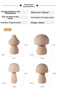 Size chart for 10-piece wooden DIY mushroom set showing dimensions and various shapes