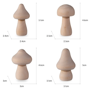 Detail of four natural wood mushroom figures with dimensions for DIY craft ornaments