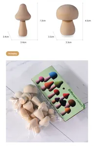 Detail view of DIY wooden mushroom models with product dimensions and retail packaging box