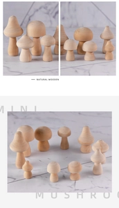 Detail showing various unfinished natural wooden mushroom shapes for DIY crafts and decor