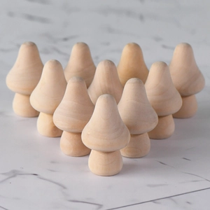 Set of 10 handcrafted unfinished natural wood mushroom figurines for DIY painting and crafts