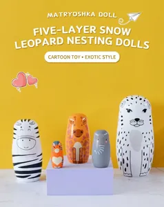 Detailed craftsmanship of 5-piece wooden animal nesting dolls featuring leopard and zebra