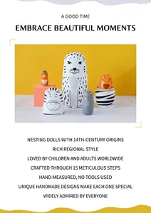 Detailed close-up of hand-painted wooden animal nesting dolls with vibrant wildlife patterns