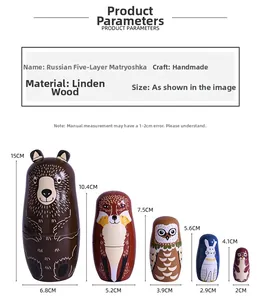 Size chart for 5-layer handmade wooden nesting dolls with animal painted designs