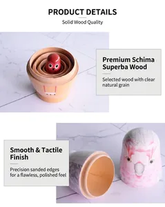 Detailed view of nested owl nesting dolls made from polished high-quality schima superba wood