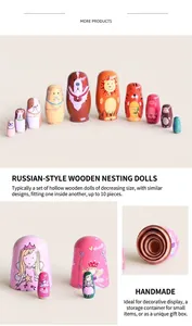 Detailed view of hand-painted wooden Russian nesting dolls in animal and princess themes