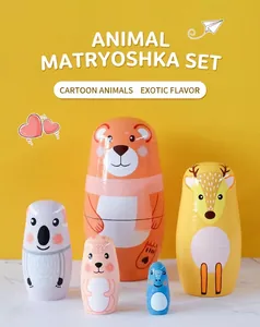Five-piece set of hand-painted wooden Russian matryoshka dolls with animal themes
