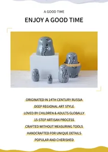 Détail du lot de 5 poupées russes gigognes en bois peintes avec un motif éléphant gris