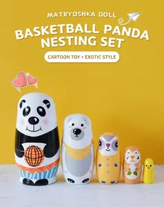 Detail of 5-piece wooden nesting dolls featuring basketball panda and cartoon animals