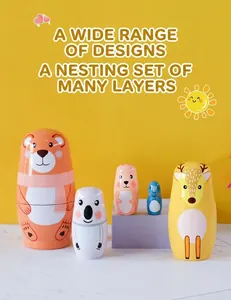 Detail view of five animal-themed Russian nesting dolls including bear and penguin