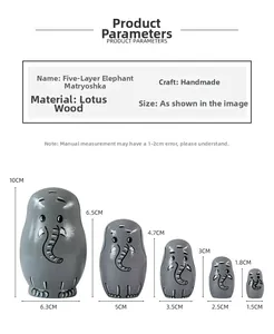 Dimensions détaillées pour l'ensemble de poupées russes éléphant en bois fait main