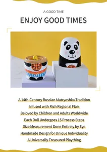 Detail of hand-painted wooden panda nesting dolls showing multiple nested layers on blocks