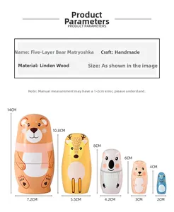 Detailed size chart for 5-layer handmade lotus wood bear nesting dolls with dimensions
