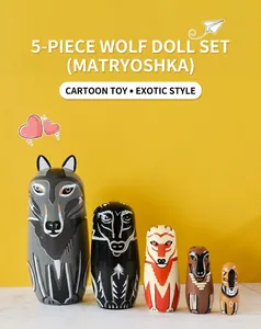Detail of five-layer wolf theme nesting dolls with hand-painted animal textures