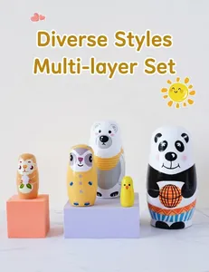 Detailed set of 5 nesting dolls featuring panda, polar bear, fox, and squirrel on stands